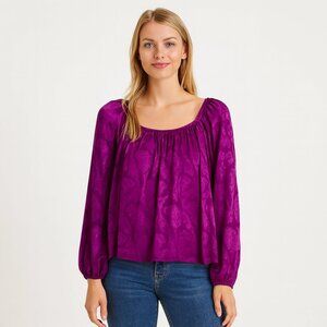 NWT Mason & Belle Purple Brocade Peasant Blouse Lined Puff Sleeve Milkmaid Sz M